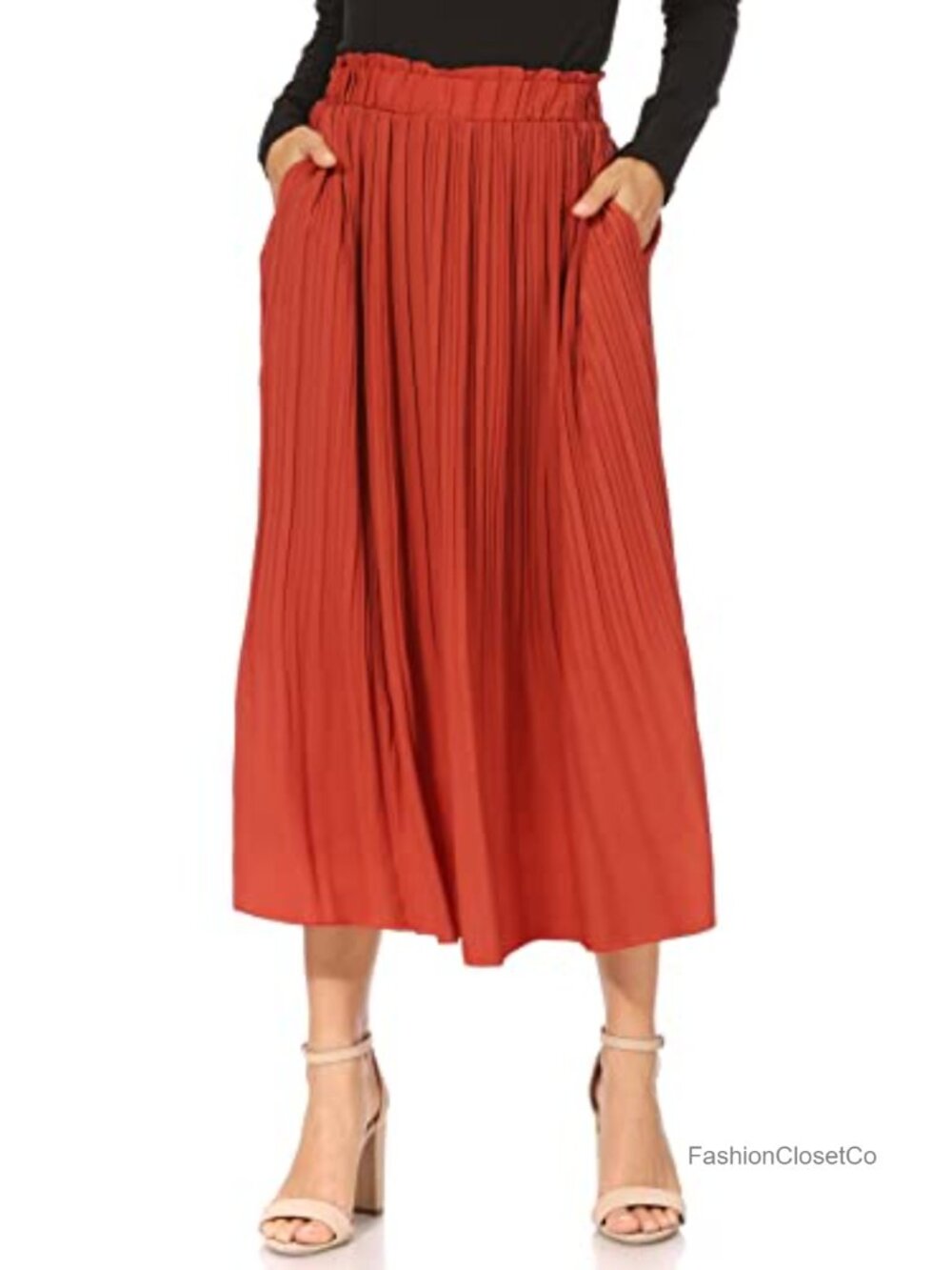 Pleated Midi Skirt High Waisted with Pockets for Women A-Line 100% Polyester